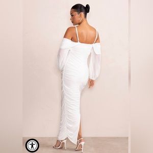 ANNOUNCEMENT 
WHITE MATERNITY RUCHED MESH MAXI DRESS